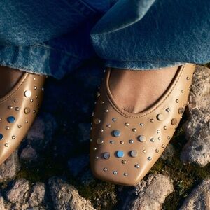 Zara Tan Studded Square-Toe Ballet Flats